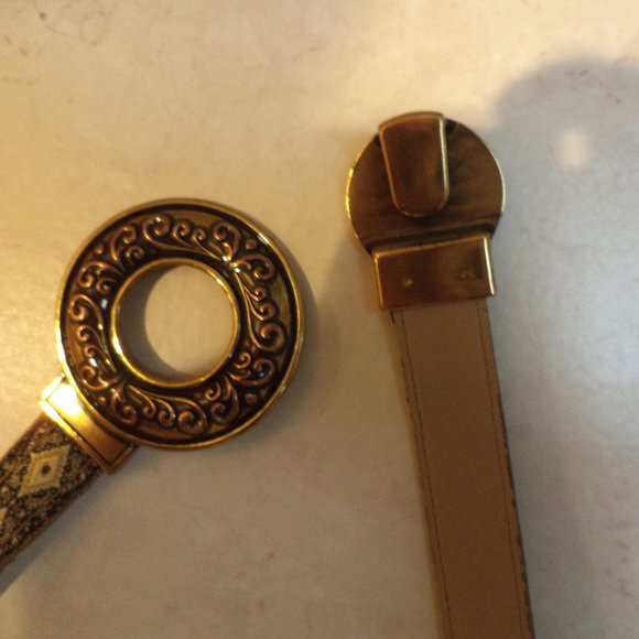 WOMEN'S CHICO'S COTTON JACQUARD BELT-Tan and Blue-Cotton Jacquard Diamond -M/L - Picture 2 of 9